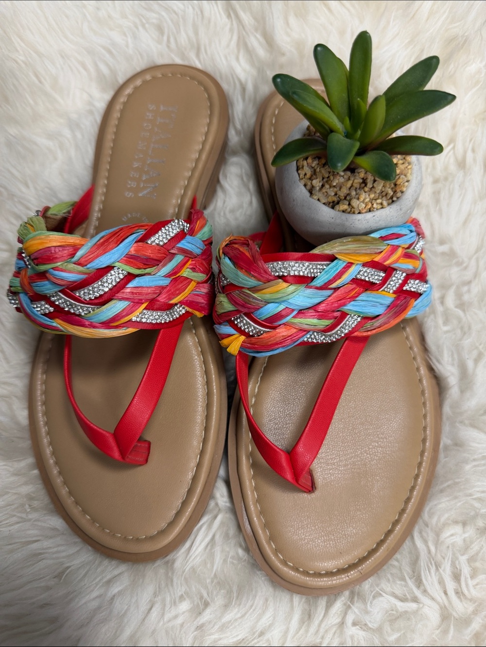 Italian Shoemakers Rainbow Braided Raffia & Rhinestone Sandals Size 7